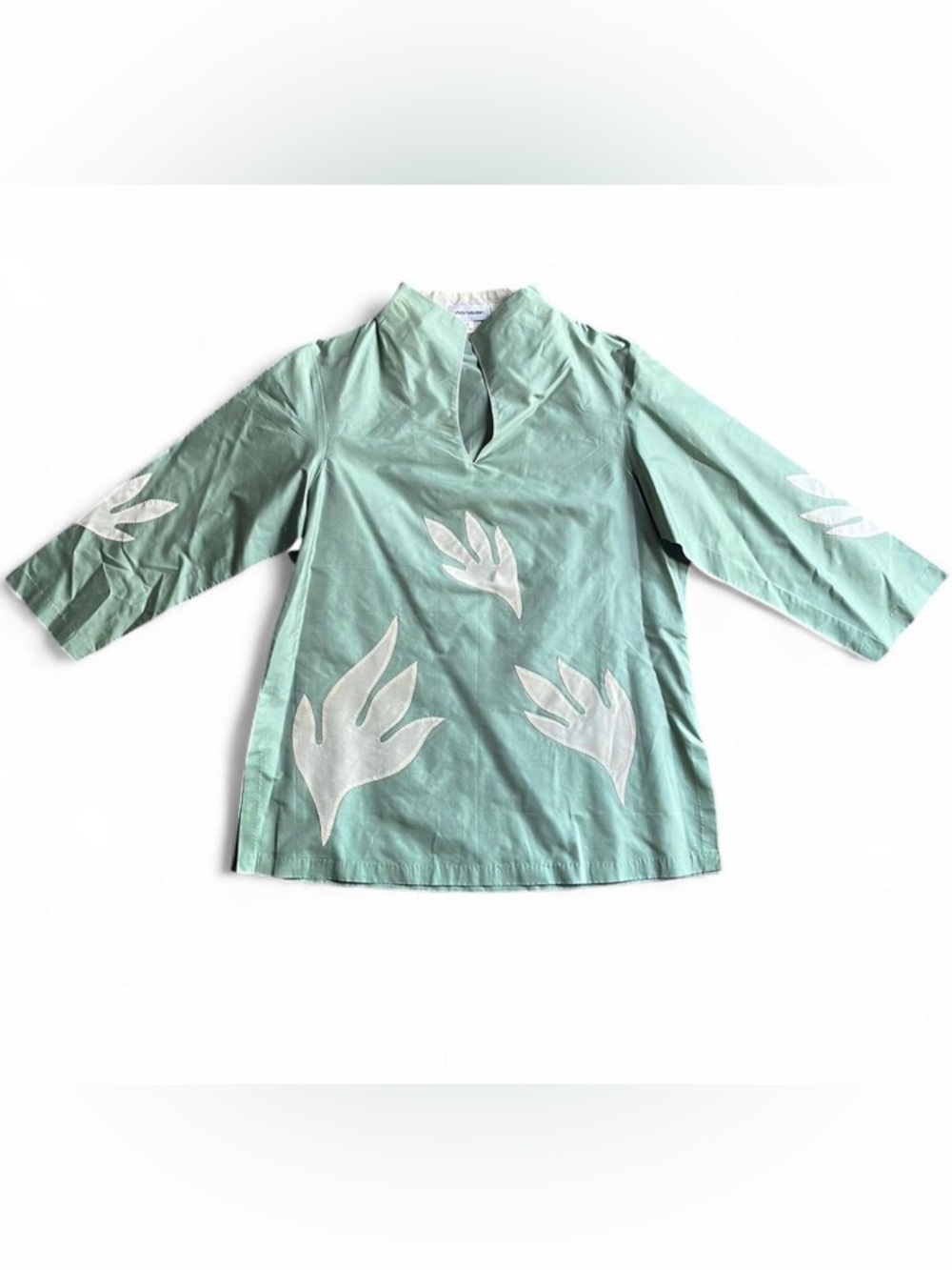 VIVEK NARANG sage green tunic with cream-colored leaf appliqués Women’s large